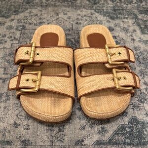 J. Crew Natural Raffia Double-Buckle Slide Sandals with Gold Hardware